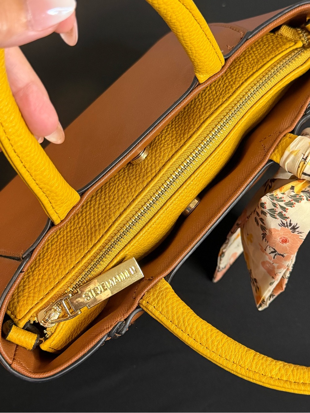 Steve Madden Tan Satchel with Yellow Top Handle and Floral Scarf - Picture 7 of 10